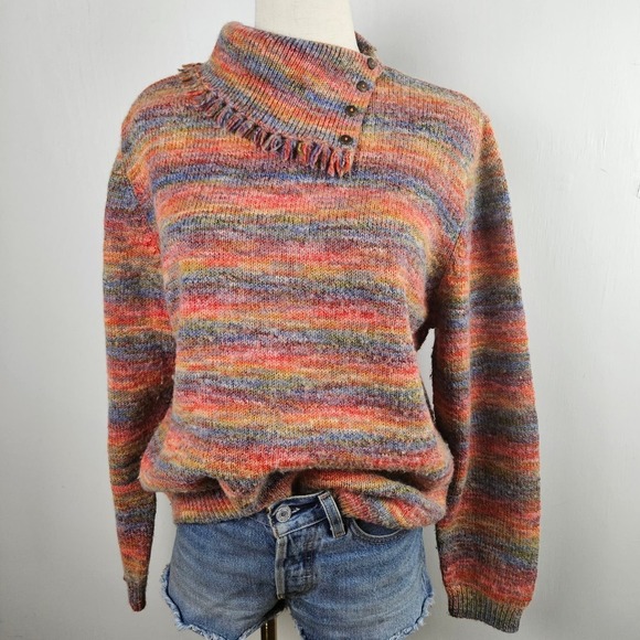 Vintage Sweaters - Rainbow Marled Fringe Neck Wool Blend Sweater M‎ Button Cowl